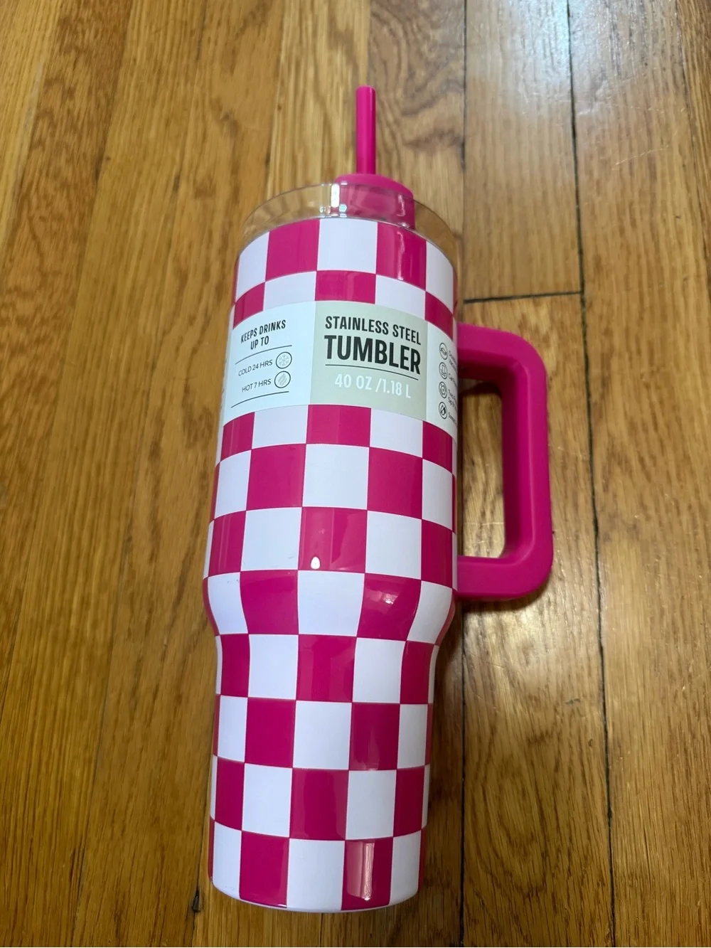 40 oz Pink Checkered Stainless Steel Tumbler with Handle and Straw